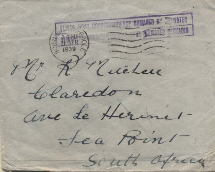 0729.jpg -     Lote:    729            Correio aéreo       Descrição:         Correio aéreo acidentado. Moçambique * CHALLENGER. Carta remetida de Bournemouth (21.04.1939) com selos perdidos no acidente, para Sea Point / África do Sul. Carimbo bilingue "FLIYNG BOAT CORRESPONDENCE DAMAGED BY SEA WATER", batido a violeta. Voo S23 da Imperial Airways acidentado em Moçambique a 01.05.1939).        Aéreo       Valor Base:     &euro; 50,00     Valor Venda:     Retirado     