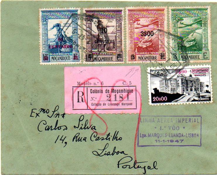 0732.jpg -     Lote:    732            Correio aéreo       Descrição:         1947 &mdash; Linha Aérea Imperial * Lourenço Marques &mdash; Luanda &mdash; Lisboa. 1.º Voo. Sobrescrito circulado registado de Lourenço Marques (10.01.47) para Lisboa (17.01.47) com par de selos CE316/318, CA6 e 10. Carimbo comemorativo do 1.º voo, batido a violeta. MB        Aéreo       Valor Base:     &euro; 15,00     Valor Venda:     &euro; 26,00     