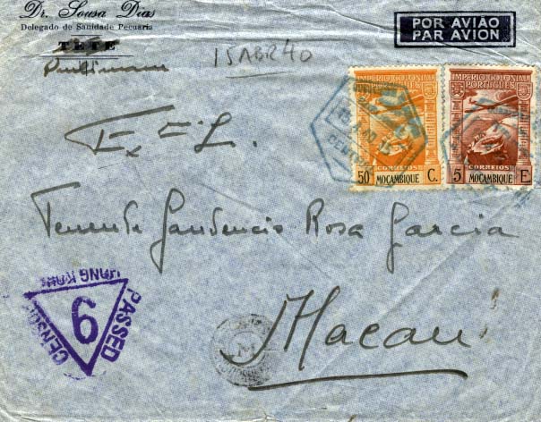 0734.jpg -     Lote:    734            Correio aéreo       Descrição:         1940 &mdash; Quelimane / Macau. Sobrescrito circulado de Quelimane (15.04.40) para Macau (05.05.40) com trânsito pelo Egipto e Victória (01.05.40) com selos de 50c e 5E do Império Colonial Português CE CA3 e 7.        Aéreo       Valor Base:     &euro; 20,00     Valor Venda:     &euro; 120,00     