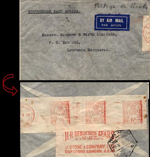 0735.jpg -     Lote:    735            Correio aéreo       Descrição:         1939 &mdash; Londres/Lourenço Marques pela Imperial Airways. Sobrescrito circulado de Londres (17.10.39) para Lourenço Marques (27.10.39) com o porte de 9 dinheiros. Franquia mecânica a vermelho no verso.        Aéreo       Valor Base:     &euro; 10,00     Valor Venda:     Retirado     