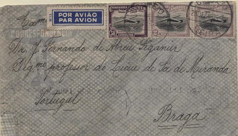 0740.jpg -     Lote:    740            Correio aéreo       Descrição:         1935 &mdash; Inauguração do correio aéreo, tipo rectangular. Sobrescrito circulado da Beira (28.12.35) para Braga com trânsito por Lisboa (08.01.36) por via aérea, com selos de 50C e 2x2$00, CE CA18 e 22.        Aéreo       Valor Base:     &euro; 10,00     Valor Venda:     &euro; 10,00     