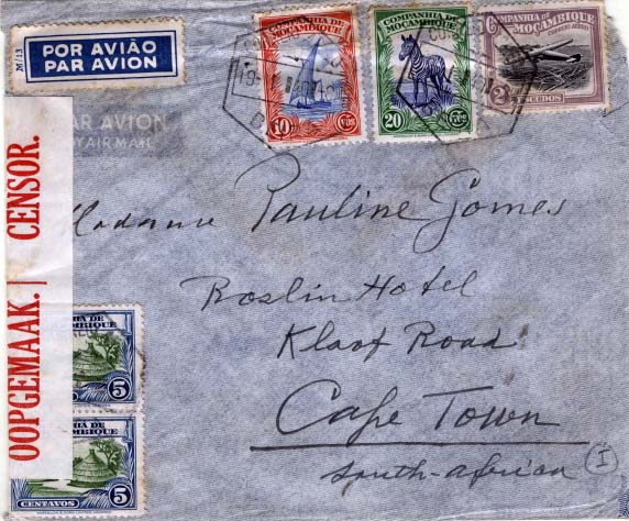 0743.jpg -     Lote:    743            Correio aéreo       Descrição:         1940/11/19 - Carta da cidade da Beira para a Cidade de Cape Town África do Sul. Carimbo Tipo CMLA correio aéreo a obliterar selos da Companhia de Moçambique porte de 2 Esc 40 Ctv. Carta censurada cinta "uc8" usada na África do Sul.        Aéreo       Valor Base:     &euro; 15,00     Valor Venda:     &euro; 65,00     