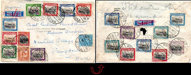 0744.jpg -     Lote:    744            Correio aéreo       Descrição:         1918/1935 &mdash; Motivos locais + Inauguração do correio aéreo (desenho rectangular). Sobrescrito circulado da Beira (11.03.37) para a Inglaterra, com selos de 10, 45 e 70 c CE126, 164/165 perfazendo o porte de 1$25 (1.º porte para países estrangeiros) + selos do correio aéreo de: 5c (2), 10c, 15c, 20c, 30c, 40c (2), 45c (2), 50c (2), 60c, 80c (2), 1E e 2E, CE1&frac12;2 perfazendo o porte de sobretaxa aérea de 8,15E. Carimbo batido a preto "AFRANCHISSEMENT INSUFFISANT / POR AVION".        Aéreo       Valor Base:     &euro; 150,00     Valor Venda:     &euro; 150,00     