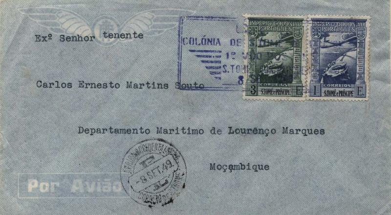 0745.jpg -     Lote:    745            Correio aéreo       Descrição:         1949 &mdash; 1.º Voo S. Tomé-Lourenço Marques. Sobrescrito circulado de S. Tomé 08.09.49) para Lourenço Marques (12.09.49), com selos de 1$00 e 3$00 Império Colonial Português CE CA4 e 6. Carimbo comemorativo batido a azul. MB.        Aéreo       Valor Base:     &euro; 25,00     Valor Venda:     &euro; 80,00     