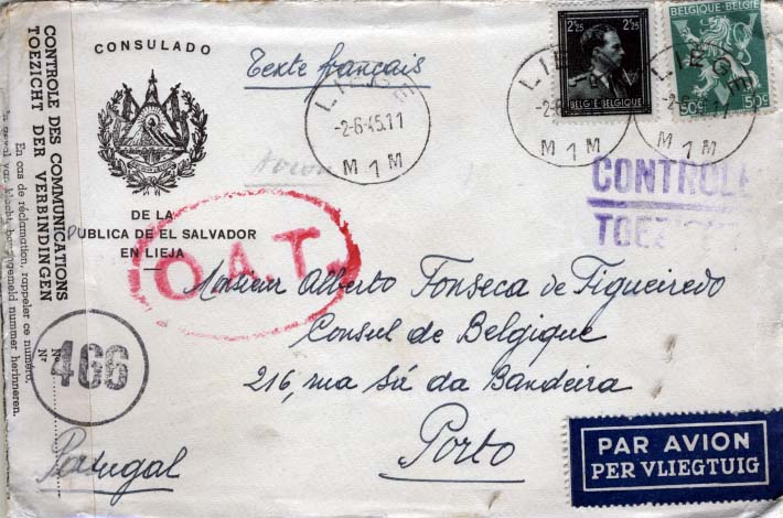 0749.jpg -     Lote:    749            Correio aéreo       Descrição:         Marcas do correio aéreo * O.A.T. &mdash; Sobrescrito circulado de Liege (02.06.45) para o Porto (18.06.45). Marca tipo O.A.T.II (Heifetz) batida a vermelho.        Aéreo       Valor Base:     &euro; 45,00     Valor Venda:     &euro; 45,00     