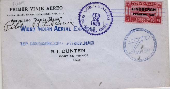 0752.jpg -     Lote:    752            Correio aéreo       Descrição:         1928/2/24 - Primeira ligação aérea entre Cuba e Port au Prince realizado pelo avião "SANTA MARIA" Carta de Cuba para o HAITI, na comemoração da travessia do Atlântico por Lindbergh, selo comemorativo do aviador americano emitido em Cuba com a sobrecarga "LINDBERGH". Carimbos comemorativos "AVION" e Correio aéreo de cuba FEB /24/1928. Carimbo de chegada no verso de Port au Prince 24/2/28.        Aéreo       Valor Base:     &euro; 25,00     Valor Venda:     Retirado     