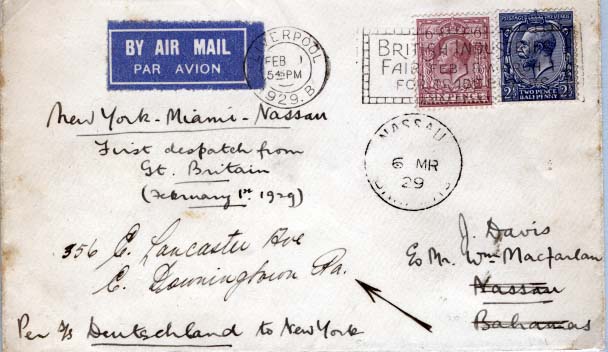 0756.jpg -     Lote:    756            Correio aéreo       Descrição:         1929/3/6 - Carta de Liverpool para Nassau via New York pelo paquete alemão "Deutschland" com atraso deste na chegada a New York. Desta cidade via avião FAM 19 para Miami, e de Miami via FAM 7 para Nassau carimbo no verso de "foreign section"        Aéreo       Valor Base:     &euro; 35,00     Valor Venda:     Retirado     