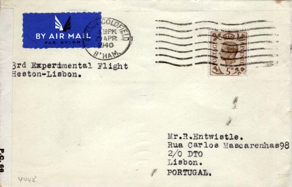 0758.jpg -     Lote:    758            Correio aéreo       Descrição:         1940/4/20 Carta de Londres (aeródromo de Heston) para Lisboa transportada no 3º voo de ensaio da BOAC, realizado em tempo de guerra. Carimbo de chegada a Lisboa 23/4/40. Cinta de Censura de censura inglesa PC 66 censor nº3228.        Aéreo       Valor Base:     &euro; 35,00     Valor Venda:     &euro; 75,00     