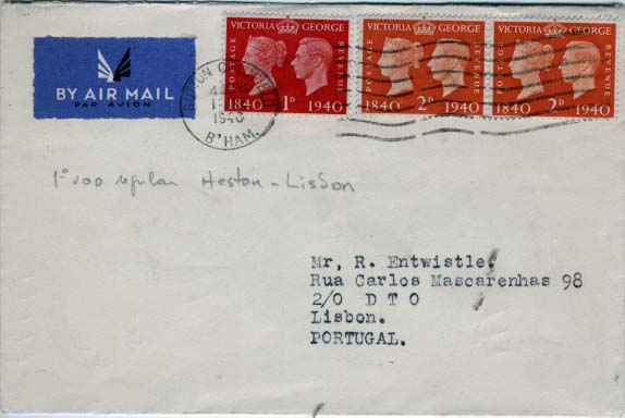 0759.jpg -     Lote:    759            Correio aéreo       Descrição:         1940/06/04 - Carta enviada de Inglaterra para Portugal pelo serviço Heston &mdash; Lisboa da BOAC em tempo de guerra. O serviço era semanal. Carimbo de chegada no verso 5/6/1940.        Aéreo       Valor Base:     &euro; 40,00     Valor Venda:     &euro; 60,00     