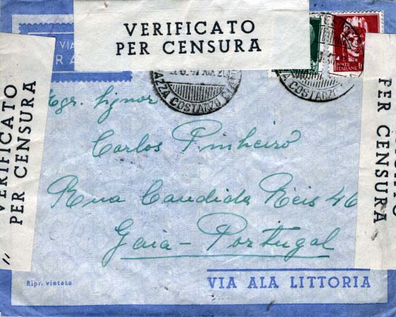 0763.jpg -     Lote:    763            Correio aéreo       Descrição:         1941 &mdash; Itália / Portugal pela Ala Littoria. Sobrescrito circulado de Itália (09.06.41) para Gaia (17.06.41) com trânsito por Lisboa (16.06.41). Censurada pela censura italiana.        Aéreo       Valor Base:     &euro; 20,00     Valor Venda:     Retirado     