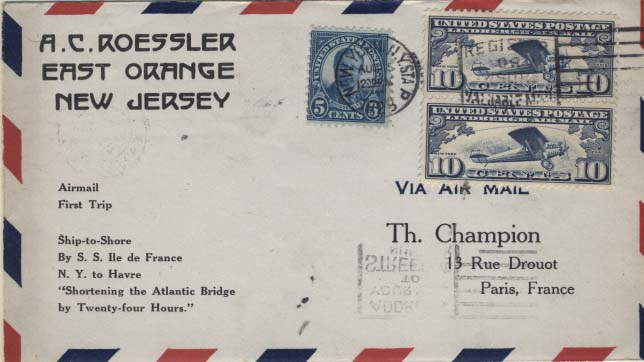 0766.jpg -     Lote:    766            Correio aéreo       Descrição:         1928-8-23 - Carta remetida pelo vapor "S. S. Ile de France" dos U.S.A, para França (Paris). e catapultada no Hidroavião pilotado Lieutenant de Vaisseau. Carimbos no verso Varick Station 19/8/1928 e Paris Gare du Nord 23/8/1928.        Aéreo       Valor Base:     &euro; 150,00     Valor Venda:     Retirado     