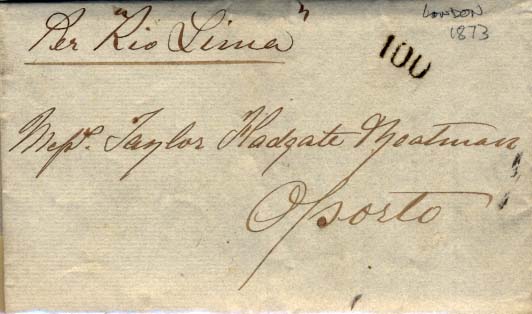 0769.jpg -     Lote:    769            Correio marítimo       Descrição:         Carta circulada de Londres (26.09.1873) para o Porto (03.10.73) com trânsito por Viana do Castelo (02.10.73), pelo "Rio Lima". B e R.        Carta       Valor Base:     &euro; 25,00     Valor Venda:     Retirado     