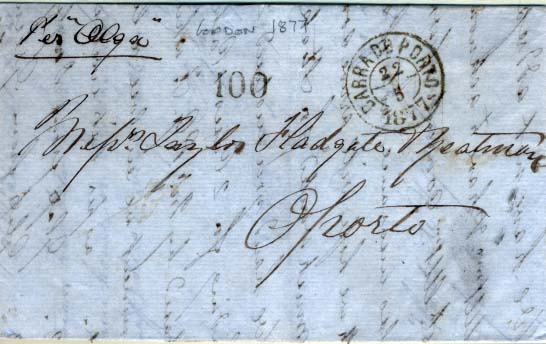 0770.jpg -     Lote:    770            Correio marítimo       Descrição:         Barra do Porto (carimbo circular datado) a preto. Carta circulada de Londres (16.05.1877) para o Porto (22.05.77), porteada com 200 reis batido a preto. Pelo paquete "OLGA".        Carta       Valor Base:     &euro; 30,00     Valor Venda:     Retirado     