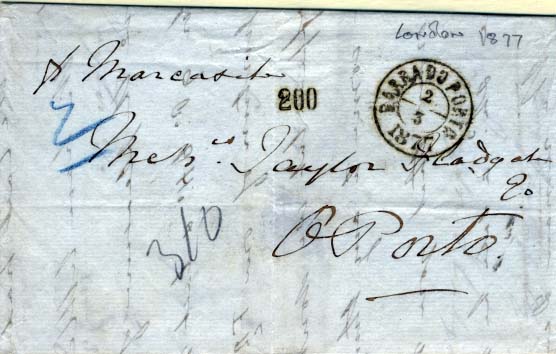 0771.jpg -     Lote:    771            Correio marítimo       Descrição:         Barra do Porto (carimbo circular datado) a preto. Carta circulada de Londres (21.02.1877) para o Porto (02.03.77), porteada com 200 reis batido a preto.        Carta       Valor Base:     &euro; 30,00     Valor Venda:     Retirado     