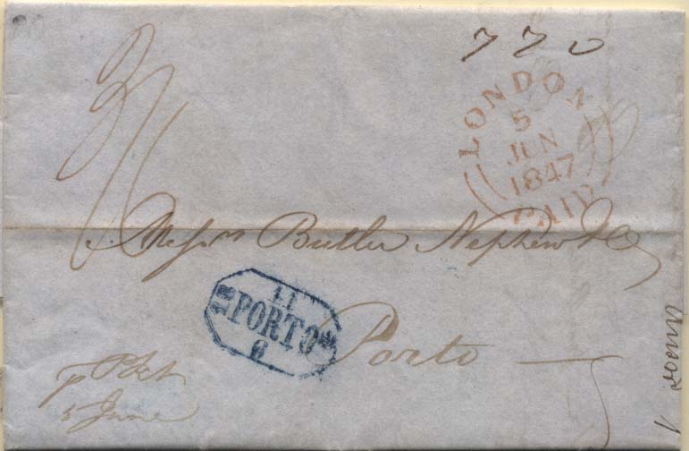0774.jpg -     Lote:    774            Correio marítimo       Descrição:         Carta remetida de Londres (05.06.1847) para o Porto (11.06.1847) com o porte manuscrito lançado à chegada de 770 reis. Marca pré-filatélica GM PRT18 batida a azul.        Carta       Valor Base:     &euro; 10,00     Valor Venda:     Retirado     