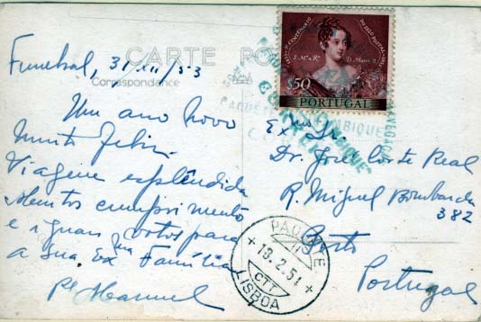 0776.jpg -     Lote:    776            Correio marítimo       Descrição:         Marcas do correio marítimo. Postal ilustrado lançado a bordo do paquete Moçambique para o Porto com trânsito por Lisboa (18.02.51) com selo de $50 Centenário do Selo em Portugal. Carimbo batido a verde "COMPANHIA NACIONAL DE NAVEGAÇÃO / PAQUETE MOÇAMBIQUE / CORREIO" + CCD a preto "PAQUETE / LISBOA". MB e MR.        PI       Valor Base:     &euro; 150,00     Valor Venda:     &euro; 380,00     