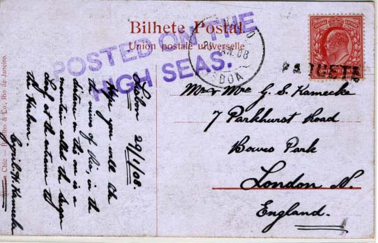 0777.jpg -     Lote:    777            Correio marítimo       Descrição:         Marcas de denominação de origem. Postal ilustrado lançado a bordo de paquete no alto mar, com destino a Londres, com selo de 1p. Carimbo batido a preto "PAQUETE" e marca de dia de Lisboa (29.01.08) * 1.º porto de escala do paquete.        PI       Valor Base:     &euro; 10,00     Valor Venda:     Retirado     