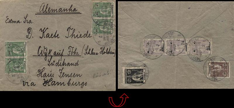 0780.jpg -     Lote:    780            Correio marítimo       Descrição:         1914 &mdash; Ceres. Sobrescrito lançado a bordo de paquete alemão (10.02.24) para a Hamburgo, com selos de &frac12; c preto, 1 &frac12; c castanho, 3x6c lilás e 4x20 c verde-claro CE142, 145, 153 e 203. Selos obliterados com carimbo de bordo do paquete "DEUTSCH SEEPOST / OST AFRIKANSCHE HAUOTLINIE / 10.2 / 24 / C". B e R.        Carta       Valor Base:     &euro; 100,00     Valor Venda:     &euro; 220,00     
