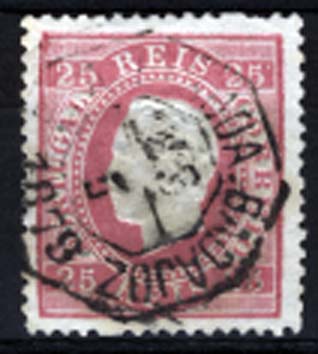 0784.jpg -     Lote:    784            Correio ferroviário       Descrição:         1870/76 &mdash; D. Luís I, fita direita. CE40, 25 reis carmim, papel liso, denteado 12 &frac12;, obliterado com carimbo octogonal, batido a preto "E. A. LISBOA.-BADAJOZ. MB.        O       Valor Base:     &euro; 15,00     Valor Venda:     &euro; 15,00     