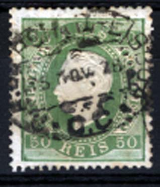 0786.jpg -     Lote:    786            Correio ferroviário       Descrição:         1870/76 &mdash; D. Luís I, fita direita. CE41, 50 reis verde, papel liso, denteado 13 &frac12;, obliterado com oval, batido a preto "E.A. PORTO &mdash; LISBOA". MB.        O       Valor Base:     &euro; 20,00     Valor Venda:     &euro; 20,00     