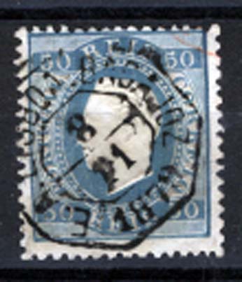 0787.jpg -     Lote:    787            Correio ferroviário       Descrição:         1870/76 &mdash; D. Luís I, fita direita. Novas cores. CE50, 50 reis azul, papel liso, denteado 12 &frac12;, obliterado com carimbo octogonal, batido a preto "E.A. LISBOA-BADAJOZ". MB.        O       Valor Base:     &euro; 40,00     Valor Venda:     &euro; 40,00     