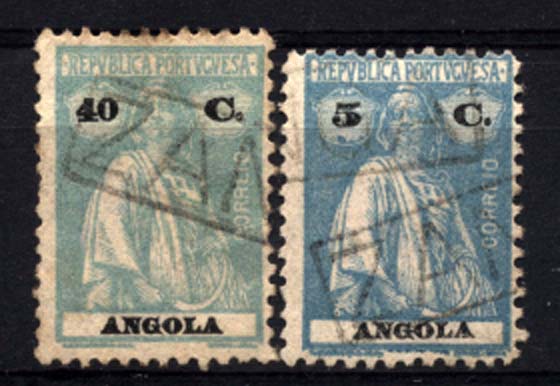 0795.jpg -     Lote:    795            Correio ferroviário       Descrição:         1912/22 &mdash; Ceres. Lote de dois selos de 5 e 40c CE148 e 207, obliterados com carimbos nominativos ferroviários, batidos a preto de "ZANGA".        O       Valor Base:     &euro; 20,00     Valor Venda:     Retirado     