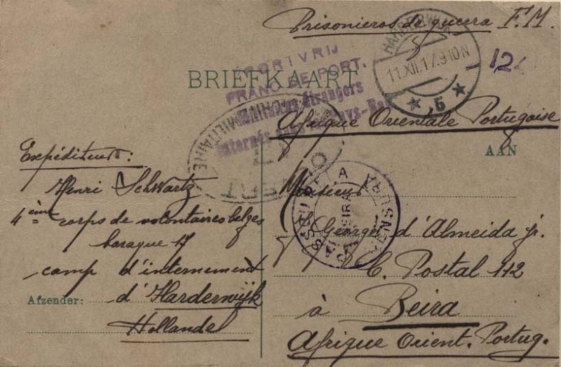 0801.jpg -     Lote:    801                   Descrição:         1914/19 &mdash; 1.ª Guerra Mundial. Censuras. Postal ilustrado circulado isento de franquia da Holanda (11.12.17) para a Beira. Carimbo de censura batido a violeta "PASSOU PELA CENSURA / BEIRA".        PI       Valor Base:     &euro; 20,00     Valor Venda:     &euro; 20,00     