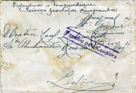0802.jpg -     Lote:    802                   Descrição:         1914/1916 &mdash; I Guerra Mundial. Expedição Militar a Moçambique. Isentos de franquia. Sobrescrito circulado de Mocimboa da Praia (06.07.18) para Lisboa isento de franquia. Inscrição manuscrita "Expedição a Moçambique / Serviço postal de Campanha" + carimbo batido a preto "EXPEDIÇÃO / A / MOÇAMBIQUE / CORREIO".        Carta       Valor Base:     &euro; 20,00     Valor Venda:     Retirado     