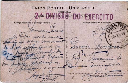 0803.jpg -     Lote:    803                   Descrição:         1919 &mdash; Monarquia do Norte. Postal ilustrado circulado isento de franquia de Viseu (10.02.19) para Santarém. Carimbo batido a violeta "2.ª DIVISÃO DO EXERCITO".        PI       Valor Base:     &euro; 400,00     Valor Venda:     &euro; 600,00     