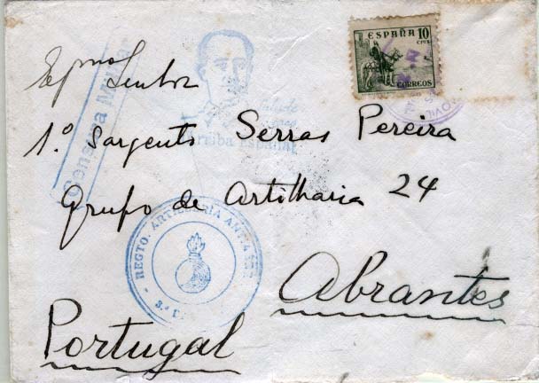 0804.jpg -     Lote:    804                   Descrição:         1938 &mdash; Guerra Civil Espanhola. VIRIATOS. Sobrescrito circulado do posto da Estafeta Movile n.º 23 para Abrantes (24.11.38) com trânsito por Lisboa (24.11.38) com selo de 10cms verde Yv579. Remetido pelo Tenente Carlos Klos Alvarenga, Tenente da 3.ª Bateria de Artilharia Antiaérea. Carimbo da unidade batida a azul na frente do sobrescrito. Um selo perdido. MR.        Carta       Valor Base:     &euro; 250,00     Valor Venda:     &euro; 250,00     