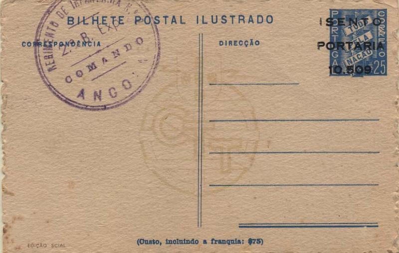 0812.jpg -     Lote:    812                   Descrição:         2.ª Guerra Mundial &mdash; Forças Mobilizadas. 1942 &mdash; Tudo pela Nação com sobrecarga "Isento / Portaria / 10.509". $25 azul claro (n.º 86 2.ª série numerada) n.º 1, novo com carimbo circular batido a violeta "REGIMENTO DE INFANTARIA N.º / 2.º B. Exp. / COMANDO / ANGOLA". Distribuído gratuitamente aos expedicionários.        IC       Valor Base:     &euro; 10,00     Valor Venda:     &euro; 22,00     