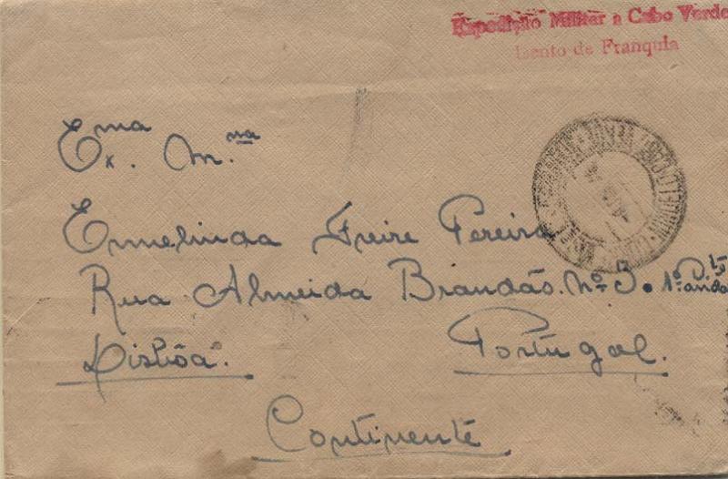 0814.jpg -     Lote:    814                   Descrição:         1943 &mdash; 2.ª Guerra Mundial. Sobrescrito circulado isento de franquia de Mindelo / Cabo Verde para (08.04.41) para Lisboa. Marca de isenção de franquia batida a vermelho, "EXPEDIÇÃO MILITAR A CABO VERDE / ISENTO DE FRANQUIA".        Carta       Valor Base:     &euro; 10,00     Valor Venda:     &euro; 10,00     