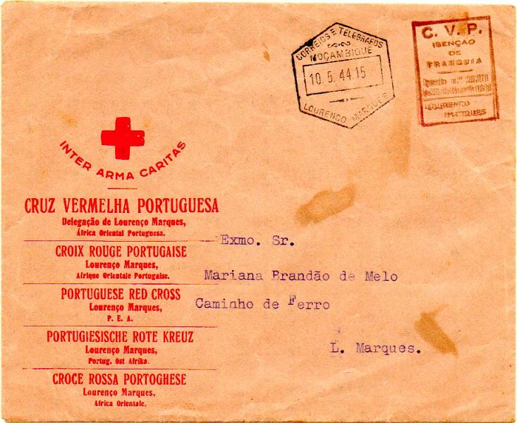 0815.jpg -     Lote:    815                   Descrição:         1944 &mdash; 2.ª Guerra Mundial. Cruz Vermelha Portuguesa. Isentos de franquia. Sobrescrito circulado internamente em Lourenço Marques (10.05.44) isento de franquia. Isenção por carimbo batido a vermelho-castanho "C.V.P. / ISENÇÃO / DE / FRANQUIA / DECRETO N.º 28718 / DE 22 DE MAIO DE 1938 / LOURENÇO / MARQUES". B e R.        Carta       Valor Base:     &euro; 50,00     Valor Venda:     &euro; 50,00     