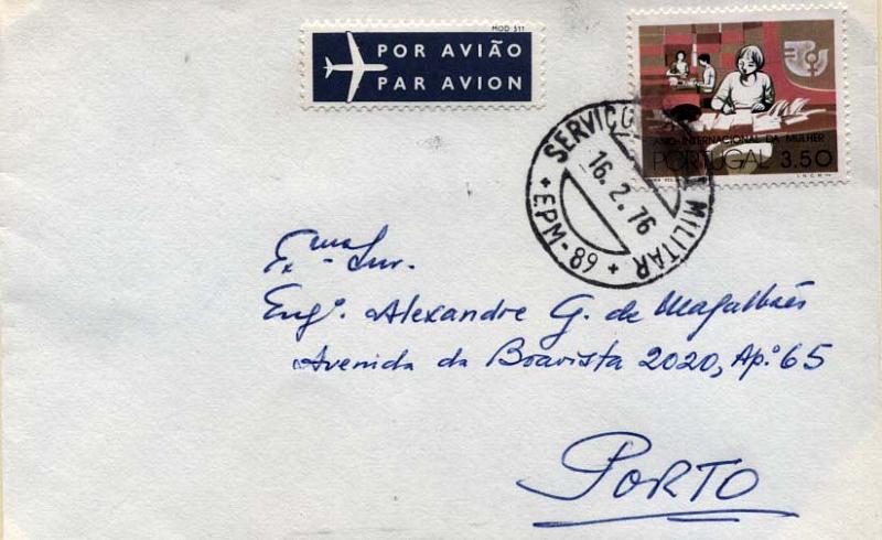 0816.jpg -     Lote:    816                   Descrição:         1961 &mdash; Guerra Colonial. Sobrescrito circulado da EPM-89 (12.02.76) para o Porto (19.02.76) com selos CE1275. Carimbo a EPM-109 batido a preto (Barreiros Pt-18". MB.        Carta       Valor Base:     &euro; 10,00     Valor Venda:     &euro; 10,00     