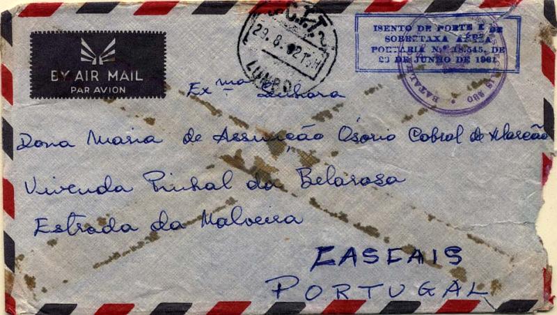 0819.jpg -     Lote:    819                   Descrição:         1961 &mdash; Guerra Colonial. Isenção de franquia. Precursores de aerogramas. Sobrescrito circulado do Lumbo (28.08.62) para Cascais, isento de franquia. Carimbo batido a azul "ISENTO DE PORTE E DE / SOBRETAXA AÉREA / PORTARIA N.º 18.545 DE / 20 DE JUNHO DE 1961", e carimbo da unidade batido a violeta "BATALHÃO DE CAÇADORES ESPECIAIS 260". Manchas provocadas pela fita-cola colocada no verso.        Carta       Valor Base:     &euro; 15,00     Valor Venda:     Retirado     