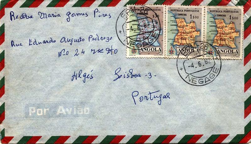 0823.jpg -     Lote:    823                   Descrição:         1961/74 &mdash; Guerra Colonial. Sobrescrito circulado por via aérea do Negage (04.06.62) para Lisboa, com selos de $50 e 2x1$00 CE38&frac12;. Carimbo batido a preto "EPM 26 / NEGAGE". MB.        Carta       Valor Base:     &euro; 10,00     Valor Venda:     &euro; 44,00     