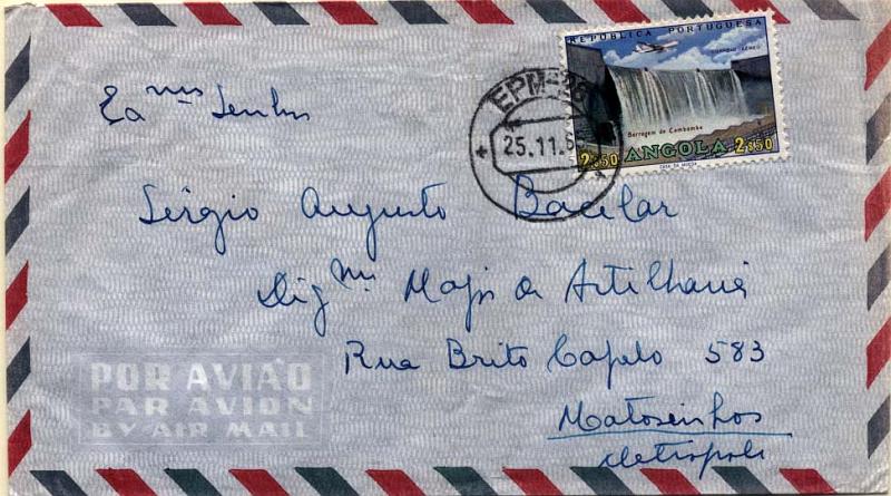 0824.jpg -     Lote:    824                   Descrição:         1961/74 &mdash; Guerra Colonial. Sobrescrito circulado por via aérea da EPM 26 (25.11.65) para Matosinhos com selo de 2$50 CE CA22. Carimbo batido a preto "EPM-26" com o nome da localidade "NEGAGE" limada.        Carta       Valor Base:     &euro; 15,00     Valor Venda:     &euro; 42,00     
