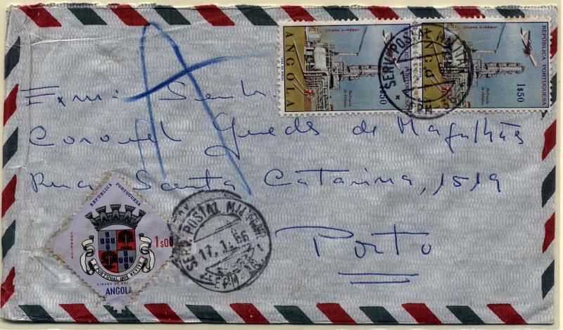 0825.jpg -     Lote:    825                   Descrição:         1961/74 &mdash; Guerra Colonial. Sobrescrito circulado por via aérea da EPM36 (17.01.66) para o Porto com selos de 1$00 CE440 + par de 1$50 CE CA21. Carimbo batido a preto "SERV. POSTAL MILITAR / EPM-36". Acompanha nota manuscrita do Coronel Guedes de Magalhães "Usado em Cabinda por a EPM 16 / A EPM36 só abriu em 19 Fev 69 c/ outro carimbo. / Este ofereci c/ data de 8 Jun 66".        Carta       Valor Base:     &euro; 20,00     Valor Venda:     Retirado     