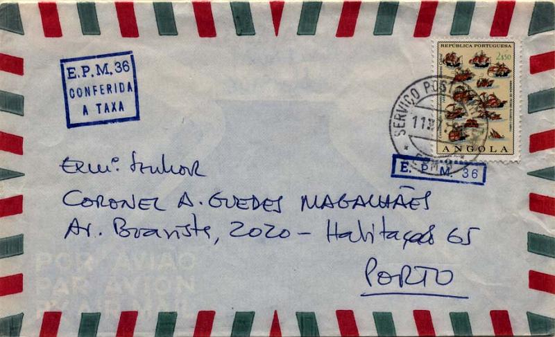 0826.jpg -     Lote:    826                   Descrição:         1961/74 &mdash; Guerra Colonial. Sobrescrito circulado por via aérea da EPM 36 (11.07.69) para o Porto com selo de 2$50 CE534. Carimbo batido a preto "SERVIÇO POSTAL MILITAR / EPM 6" com sobreposição do carimbo rectangular batido a azul "E.P.M. 36" + carimbo rectangular a azul "E.P.M. 36 / CONFERIDA / A TAXA".        Carta       Valor Base:     &euro; 20,00     Valor Venda:     &euro; 20,00     