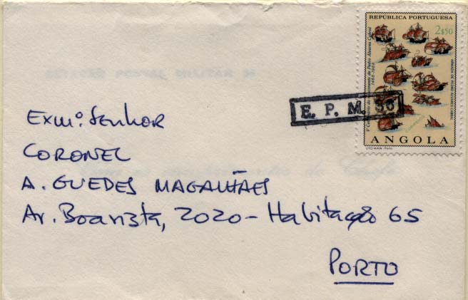 0827.jpg -     Lote:    827                   Descrição:         1961/74 &mdash; Guerra Colonial. Sobrescrito de reduzidas dimensões, circulado da EPM 36 (11.08.61) para o Porto com selo de 2$50 CE534. Carimbo rectangular batido a preto "E.P.M. 36".        Carta       Valor Base:     &euro; 15,00     Valor Venda:     Retirado     