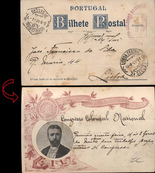 0834.jpg -     Lote:    834                   Descrição:         Isentos de franquia. Congresso Colonial Nacional. Postal ilustrado da Sociedade de Geografia de Lisboa, circulado isento de franquia em Lisboa (10.09.01). Marca de isenção batida a violeta "CONGRESSO COLONIAL NACIONAL / LISBOA". R.        PI       Valor Base:     &euro; 30,00     Valor Venda:     Retirado     