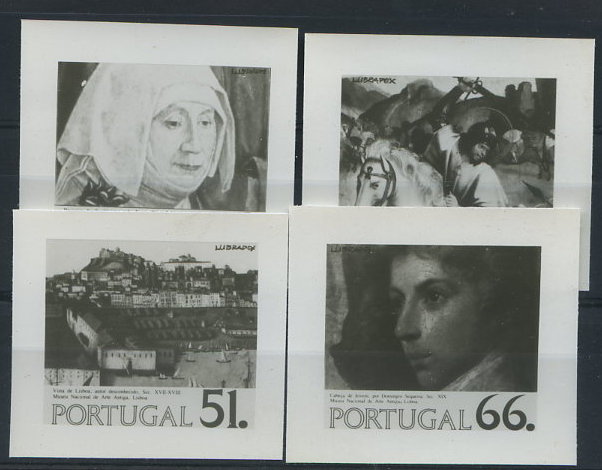 0872.jpg -     Lote:    872            Portugal       Descrição:         1984 &mdash; Lubrapex 84 &mdash; CE1659/1662. Lote de 4 provas fotográficas a preto e branco, não denteadas. Desenho diferente do aprovado. R.        PRV       Valor Base:     &euro; 10,00     Valor Venda:     Retirado     