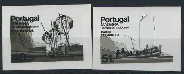 0876.jpg -     Lote:    876            Portugal       Descrição:         1984 &mdash; Transportes Típicos da Madeira * 1.º Grupo. CE1681/1682 &mdash; 40$00 (Borracheiros) e 51$00 (Barco de carreira). Lote de duas provas fotográficas a preto e branco, não denteadas.        PRV       Valor Base:     &euro; 5,00     Valor Venda:     Retirado     