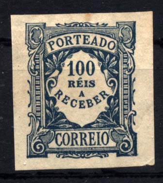0882.jpg -     Lote:    882            Portugal       Descrição:         1904 &mdash; Porteado. Emissão regular. Valor em reis. CE POR13, 100 reis azul. Prova não denteada em papel liso, na cor aprovada.        PRV       Valor Base:     &euro; 5,00     Valor Venda:     Retirado     