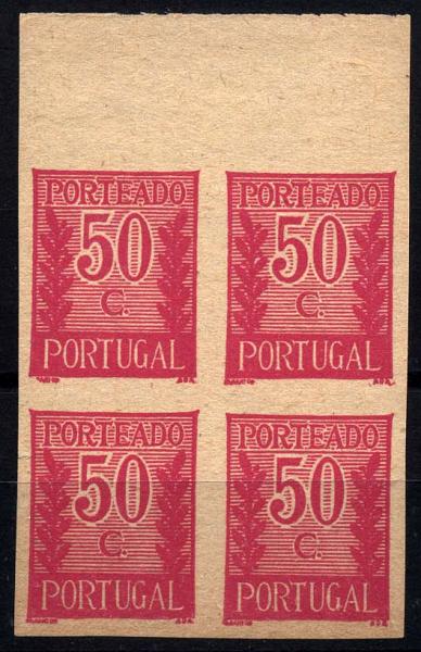 0883.jpg -     Lote:    883            Portugal       Descrição:         1940 &mdash; Porteado * Tipo "Algarismo ladeado de ramos". CE POR59, $50 lilás vermelho. Quadra de provas não denteadas, bordo superior de folha, não gomadas, em papel fino amarelado. OM213.        PRV       Valor Base:     &euro; 10,00     Valor Venda:     Retirado     