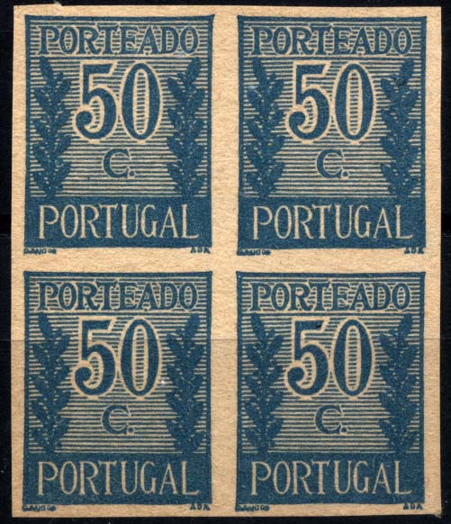 0884.jpg -     Lote:    884            Portugal       Descrição:         1940 &mdash; Porteado * Tipo "Algarismo ladeado de ramos". CE POR59, $50 violeta azul. Quadra de provas não denteadas, sem goma, em papel fino amarelado. OM214.        PRV       Valor Base:     &euro; 10,00     Valor Venda:     Retirado     