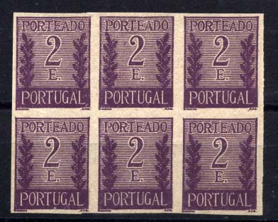 0886.jpg -     Lote:    886            Portugal       Descrição:         1940 &mdash; Porteado. Tipo "Algarismo ladeado de ramos". CE POR63, 2E lilás escuro. Bloco de 6 provas, não denteadas, na cor aprovada, em papel liso.        PRV       Valor Base:     &euro; 15,00     Valor Venda:     Retirado     