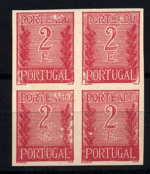 0887.jpg -     Lote:    887            Portugal       Descrição:         1940 &mdash; Porteado * Tipo "Algarismo ladeado de ramos". CE POR63, 2$00 carmim. Quadra de provas não denteadas, não gomadas, em papel médio amarelado. Não catalogadas por OM.        PRV       Valor Base:     &euro; 10,00     Valor Venda:     Retirado     