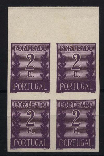 0889.jpg -     Lote:    889            Portugal       Descrição:         1940 &mdash; Porteado * Tipo "Algarismo ladeado de ramos". CE POR63, 2$00 lilás escuro. Quadra de provas não denteadas, bordo superior de folha, não gomadas, em papel médio branco. Não catalogadas por OM.        PRV       Valor Base:     &euro; 10,00     Valor Venda:     Retirado     