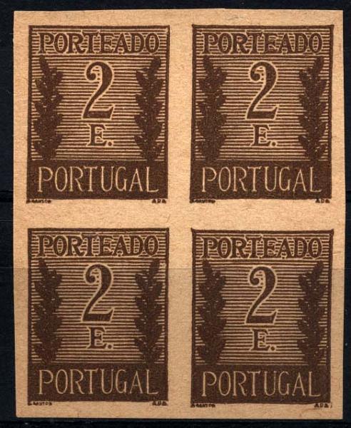 0890.jpg -     Lote:    890            Portugal       Descrição:         1940 &mdash; Porteado. Algarismo ladeado de ramos. CE63, 2E. Quadra de provas não denteadas em castanho sobre papel camurça (cor e papel não aprovados).        PRV       Valor Base:     &euro; 10,00     Valor Venda:     Retirado     